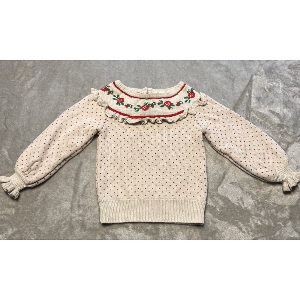 Janie and Jack Girls Sweater Size 3 Ivory Rose Knit Ruffle Collar Holiday‎